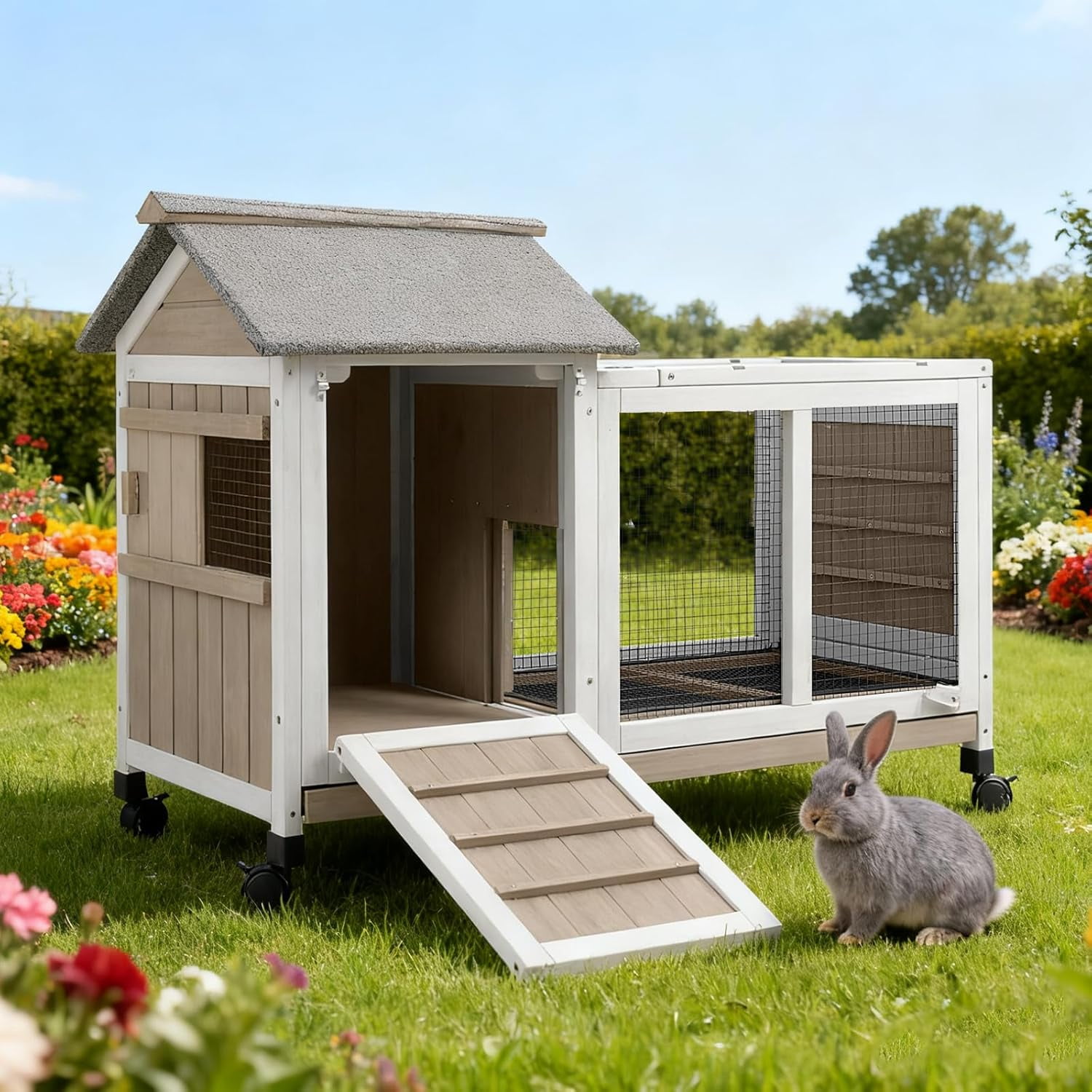 Petscosset Rabbit Hutch Indoor - Rabbit Cage Indoor Rabbit Hutch Two Story Bunny Cage Fir Wooden Rabbit Cage On Wheels, Ramp, Two Deep No Leak Indoor Rabbit Hutch with Pull Out Tray