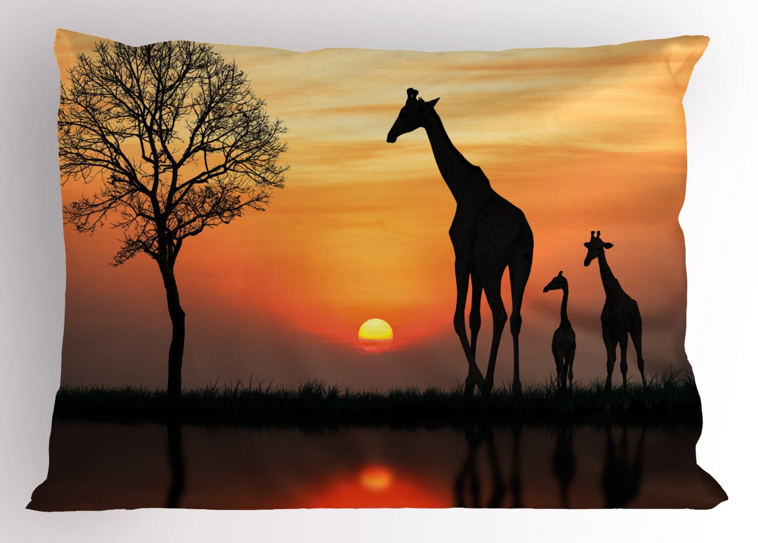 Africa Pillow Sham Giraffes on Bushes by the Lake Surface Horizon in ...