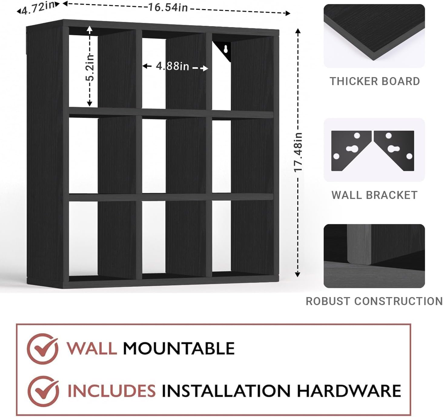 9 Grid Vintage Coffee Mug Display Rack, 16inch Wall Mounted Wooden Curio Shadow Box Shelf, Cup Floating Shelves Display and Organizer (Black)