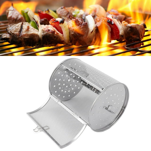 Panier de Grillade Roulant en Acier Inoxydable, Cage de Grillage en Acier Inoxydable Ronde pour Barbecue aux Arachides, Noix Séchées, Légumes