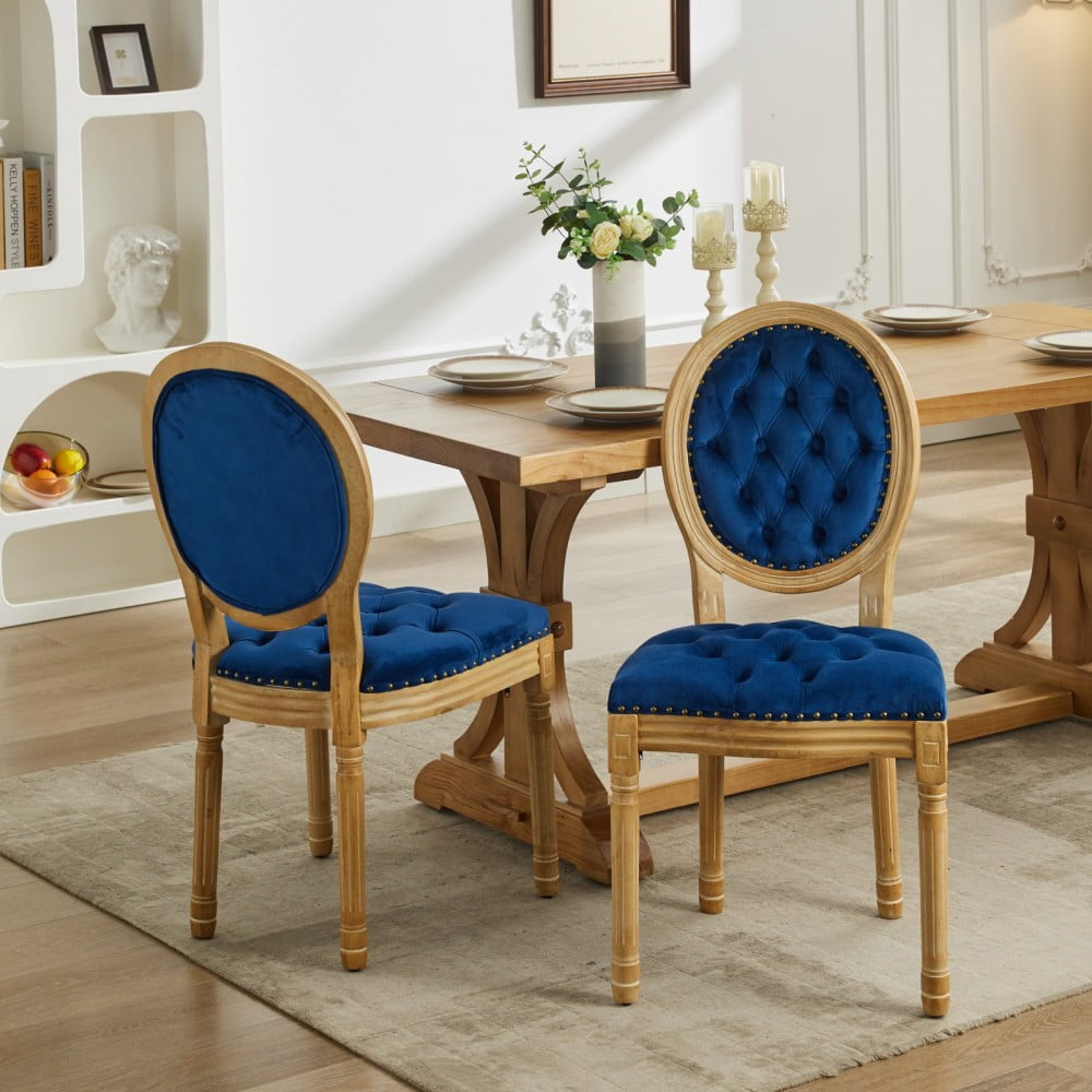 French Style Dining Chairs Set of 2, Velvet Upholstered Wood Dining Room Chairs with High Backrest, Nailhead Trim, Tufted Cushion, Blue