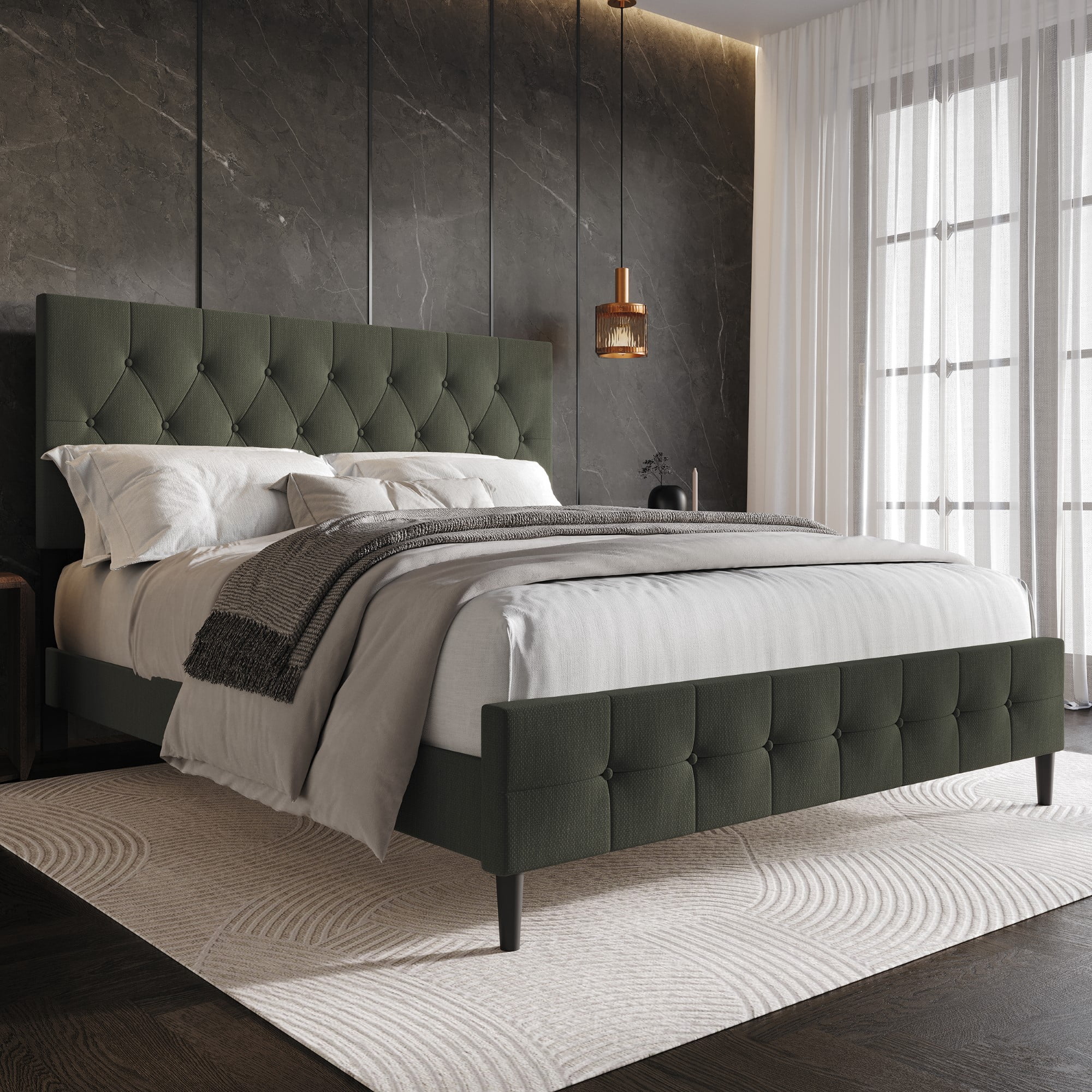 Home Design Socorro Queen Tufted Upholstered Platform Bed with Button-Tufted Headboard and Slat Support, Dark Gray, Easy Assembly