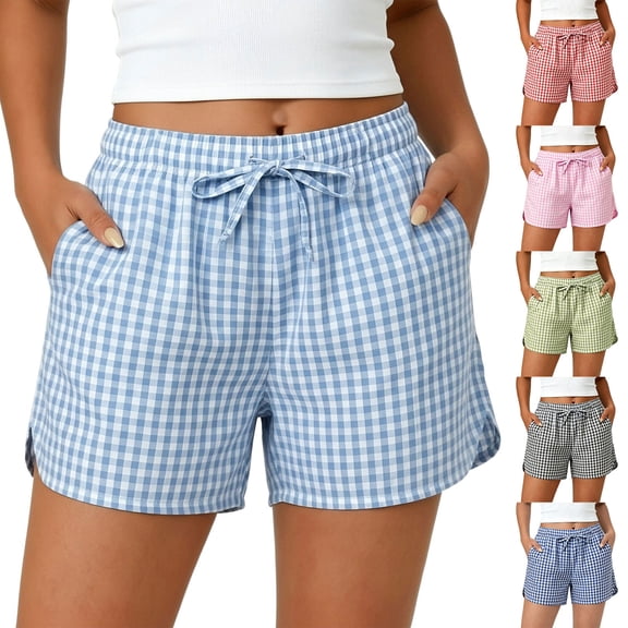 Yutgune Womens Plaid Boxer Shorts Elastic Waist Drawstring Casual Summer Lounge Pajama Beach Shorts