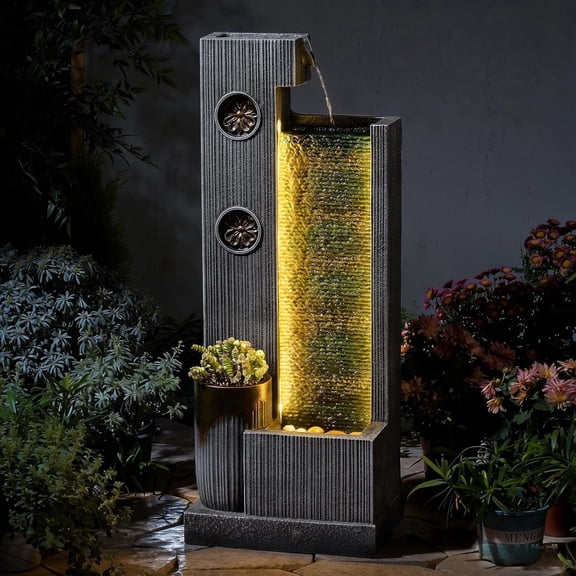37’’ Tall Waterfall Fountain Indoor Modern Outdoor Water Fountains with LED Light,Vertical Striped Texture Floor Standing Water Feature for Patio, Yard, Garden or Home Decor