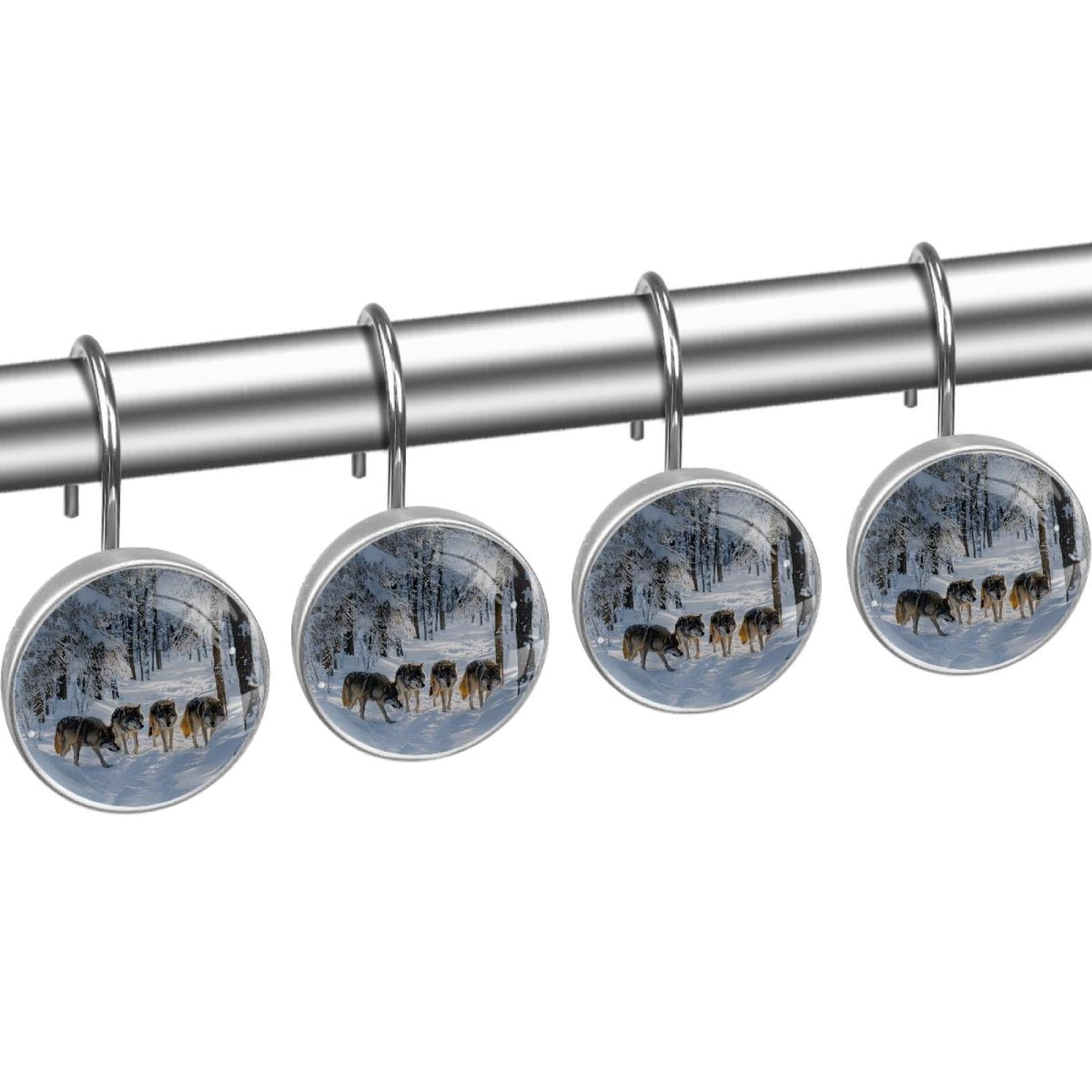 Wolves Walking on Cold Forest Shower Curtain Hooks Round Crystal Glass, Set of 12 Shower Curtain Rings - Shower Hooks for Curtain Shower Rings
