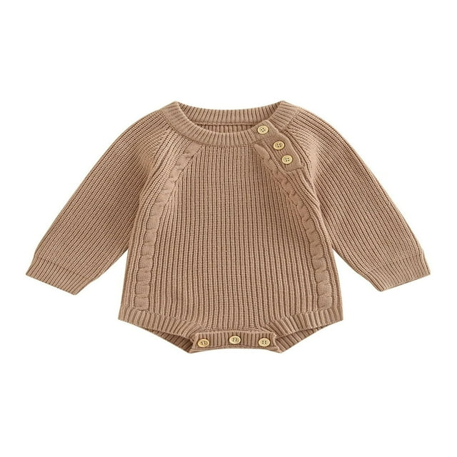 Infant Baby Knitting Jumpsuit Solid Color Ribbed Long Sleeve Crew Neck Button Closure Romper for Boys Girls