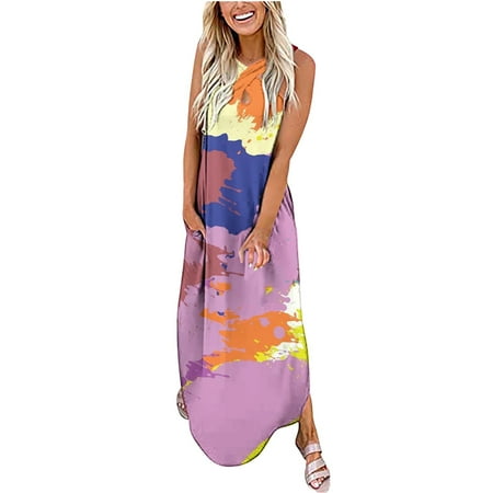 

Zkozptok Summer Dresses for Women 2023 Floral Print Dress Loose Sleeveless Cross Front Neck Long Maxi Dresses Purple L