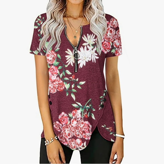 Wycnly Womens Blouses and Tops Dressy Fashion Irregular Hem Breathable Zipper Vintage Pullover Tunic Shirts Summer Floral Print V-Neck Short Sleeve Cute Tees Tops Wine XXXXL