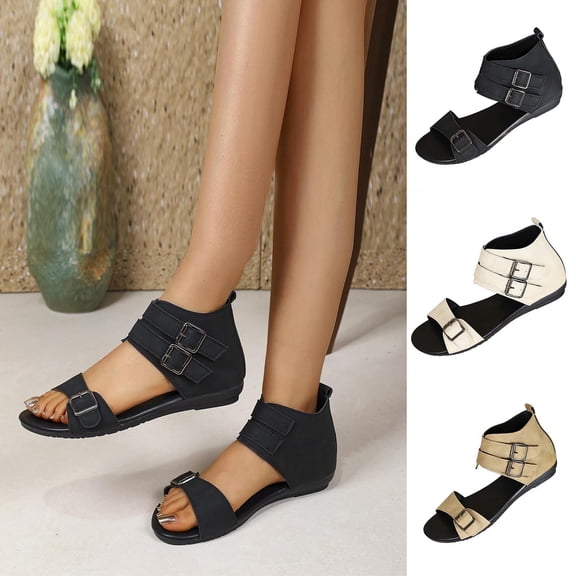 Kojanyu Women's Dual Buckle Ankle Strap Flat Sandals Open Toe Casual Summer Shoes