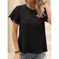 thumbnail image 4 of Mujer Manga Corta Cuello Redondo Encaje Transpirable Cómodo Top De Color Puro De Moda para Ir De Compras Fiesta Viaje Negro L, 4 of 8