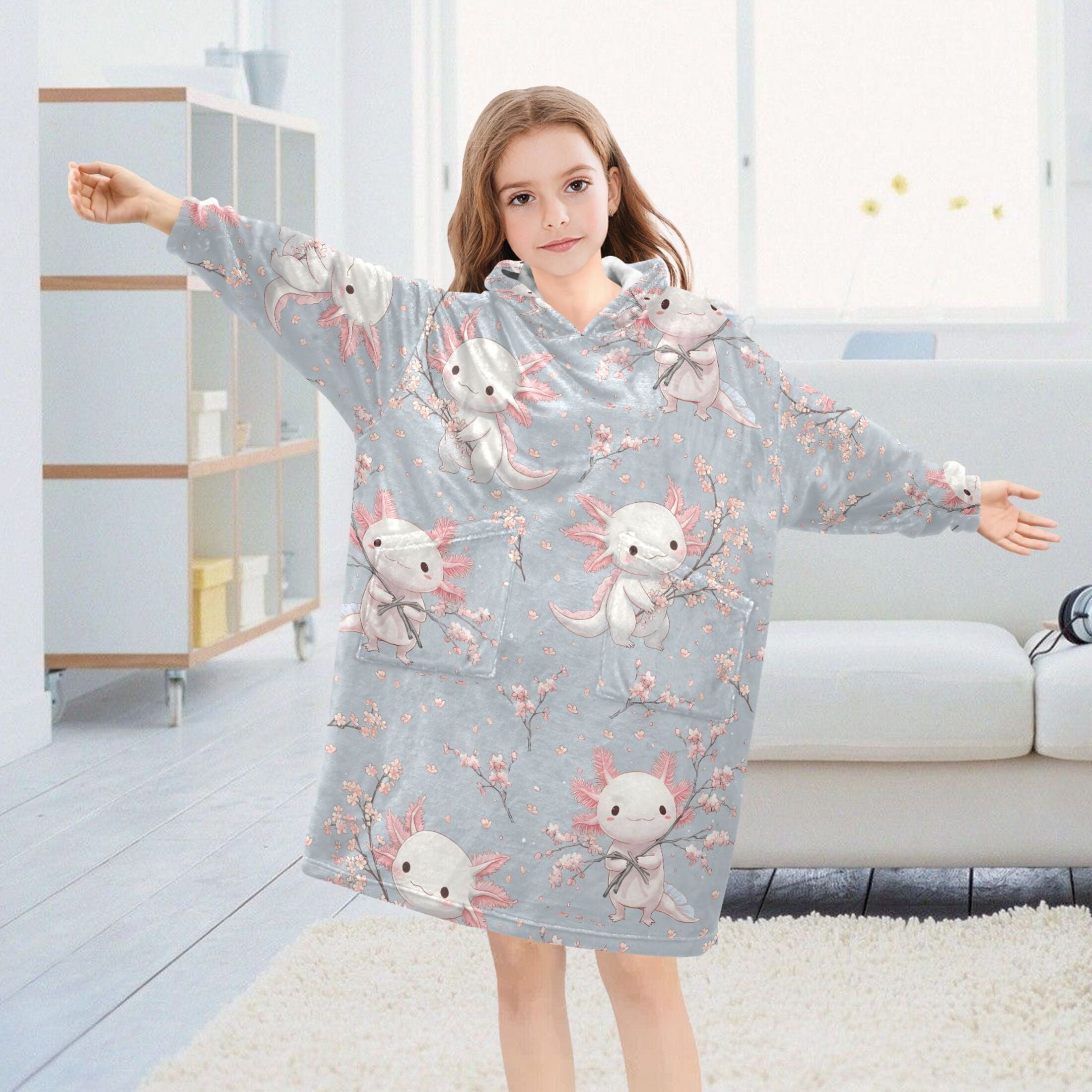 joogoo Wearable Blanket Hoodie for Axolotl Cherry Blossom Oversized Sherpa Hooded 3-14 YR M