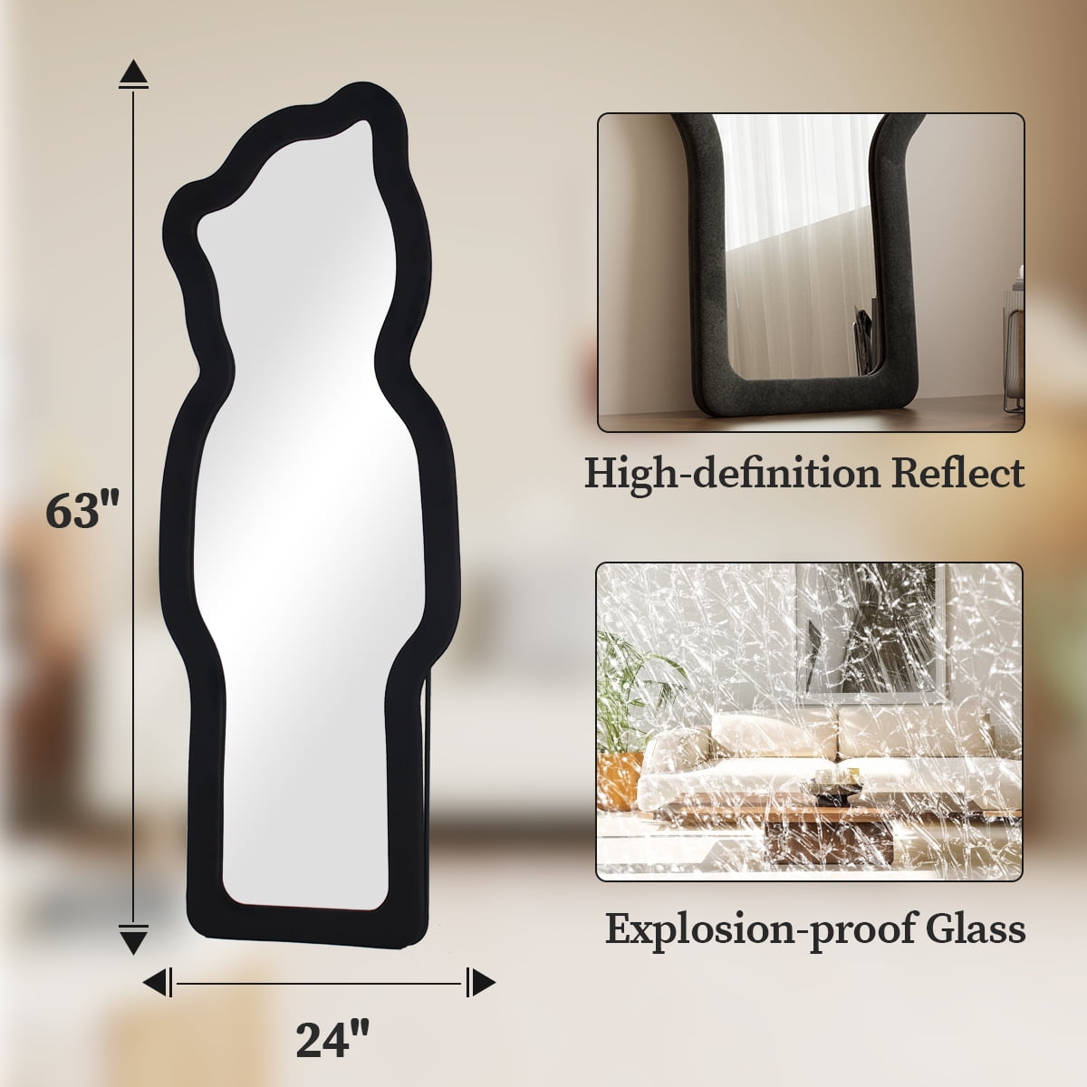 Easy4Home 63"x24" Irregular Full Length Mirror with Bear Shaped Flannel Frame Decorative Round Edge Floor Mirror, Black