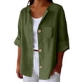 thumbnail image 2 of Nooxsoe Linen Shirts for Women 3/4 Ruched Sleeve Full Button Front with Pockets Crinkle Gauze Shirts Linen Blouses for Women Long Sleeve Shirts for Women Green XL, 2 of 9