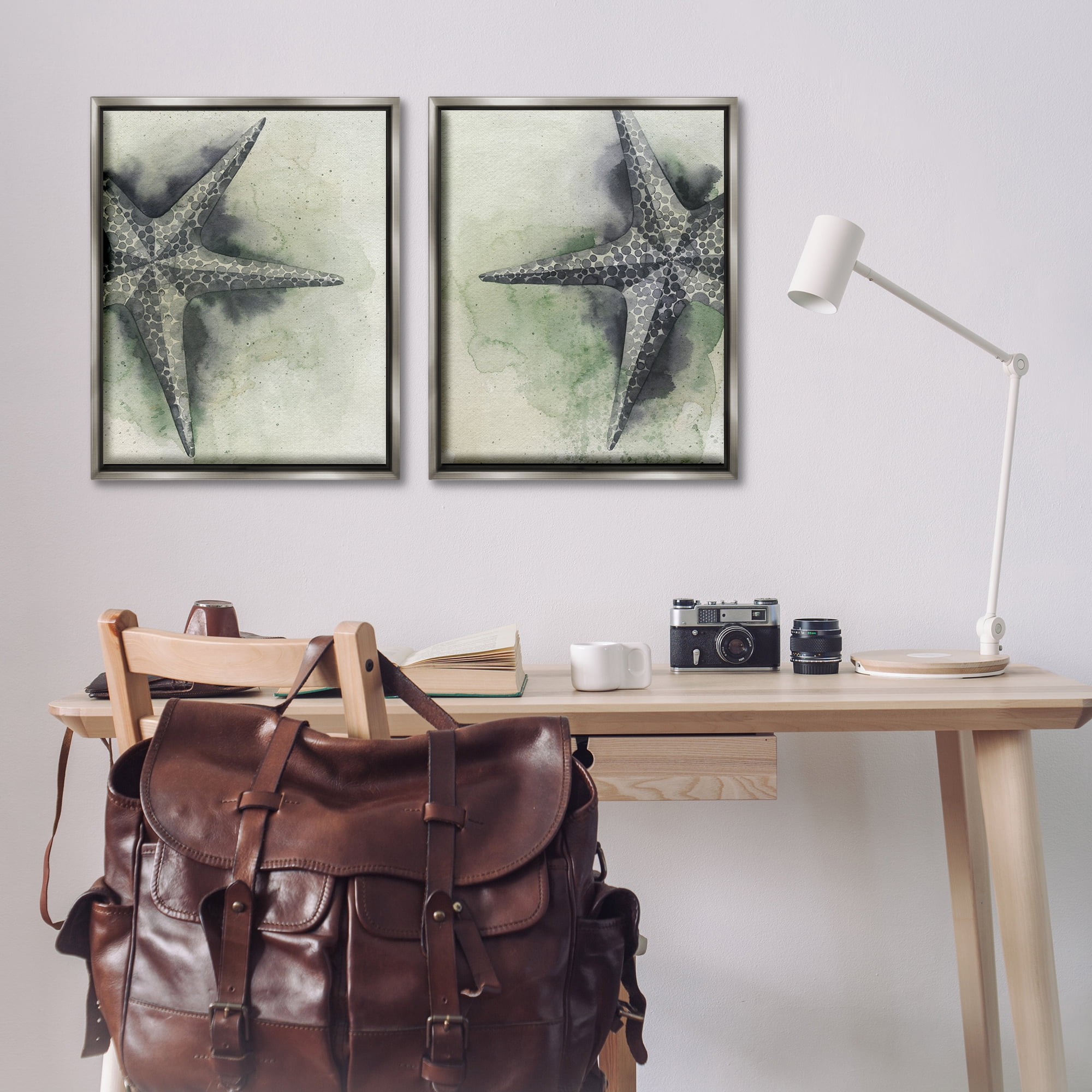 Stupell Industries Detailed Starfish Sand Beach Nautical & Beach Painting Gray Floater Framed Canvas Art Print Wall Art, 31 x 25, Set of 2