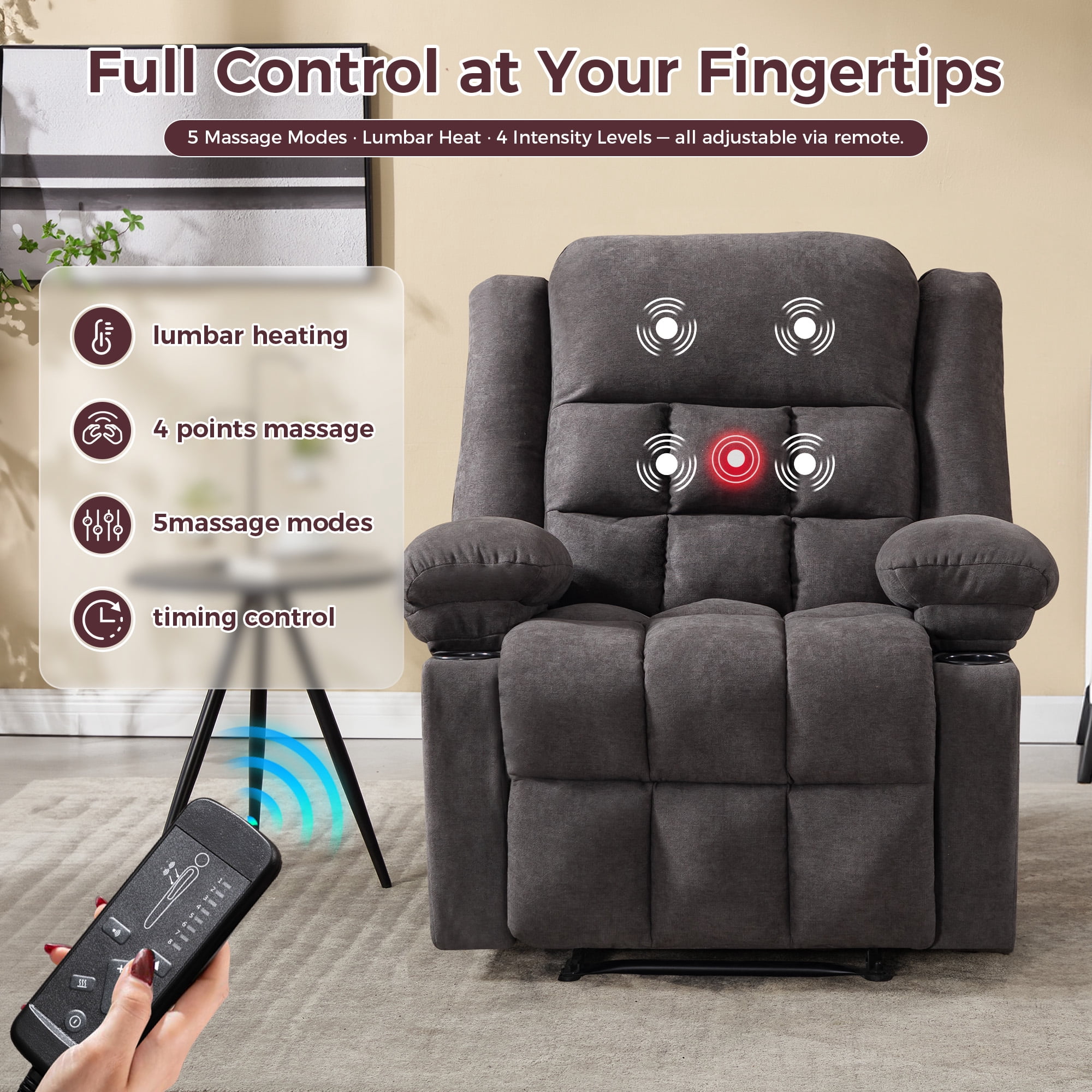 Ebello Fabric Recliner Sofa Set, Manual Recliner Chair with Massage & Heat, 3-Seat Power Recliner Sofa with Side Pockets for Living Room, Gray
