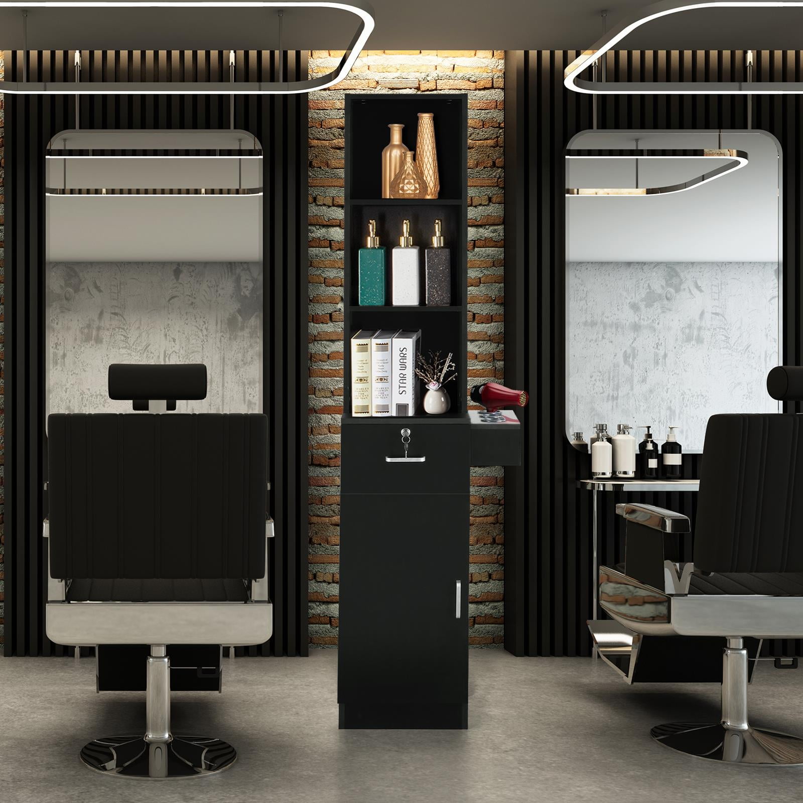 Zimtown Barber Station Cabinet Wooden Hair Styling Storage Locker Beauty Salon Equipment, Black