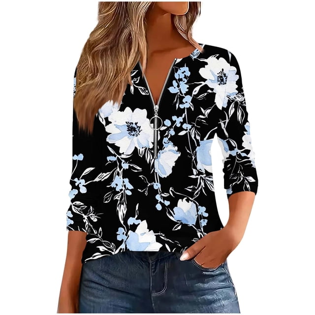 Hauts pour Femmes Mode Décontractée Imprimée Col Rond Manches Longues T-Shirt Blouse à Fermeture Éclair Hauts Marine E TG