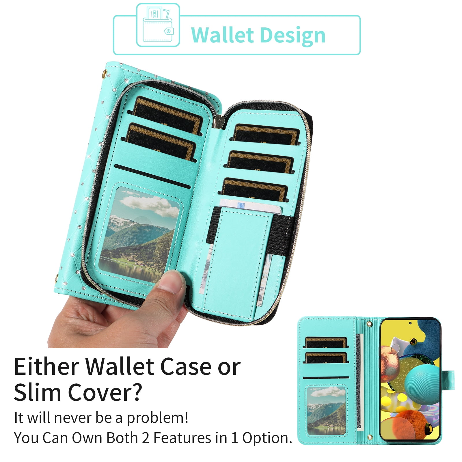 Asuwish Wallet Phone Case for Samsung Galaxy A51 5G/A 51 5G UW Verizon Tempered Glass Screen Protector Bling Glitter Crossbody Lanyard Strap Flip Zipper Purse Card Holder Cell Cover 51A Women Green