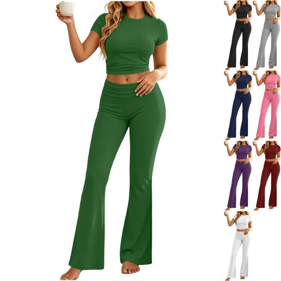 Womens 2 Piece Lounge Set Short Sleeve Crop Top Wide Leg Flare Pants Matching Pajamas Set Cozy Stretchy Y2k Sleepwear Casual Daily Outfit, Army Green Olive, L