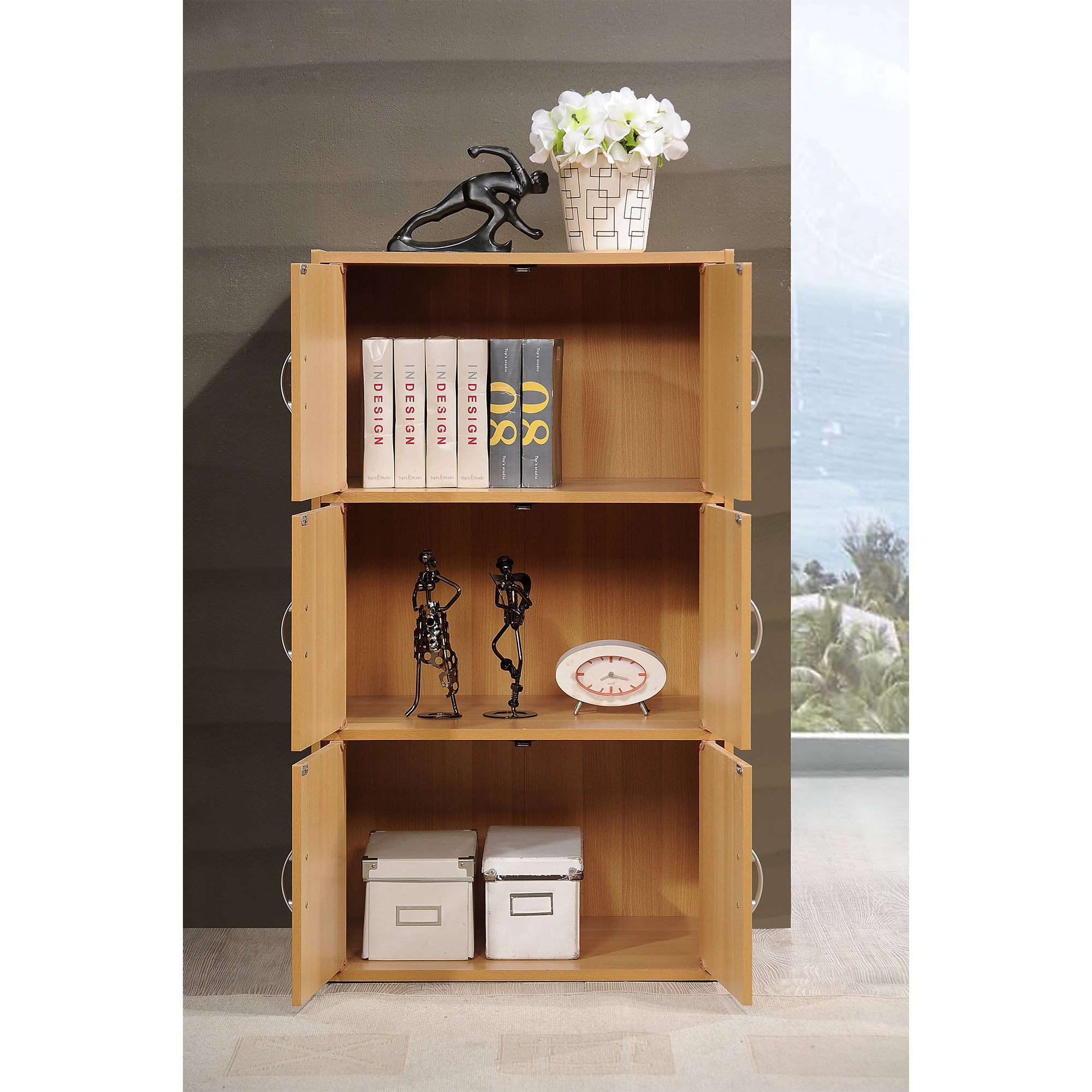 Home Indoor Decorative 3-Shelf, 6-Door Bookcase