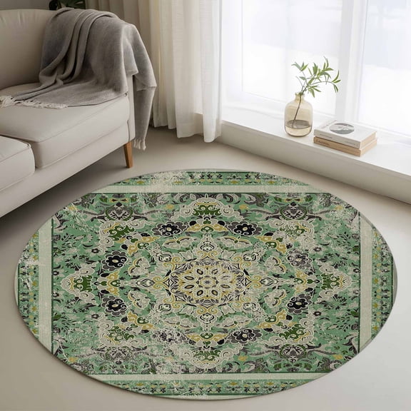 Round Rugs 4Ft, Teal Boho Round Area Rug Washable Indoor Throw Carpet, Ehtnic Modern Geometric Abstract Art Soft Non Slip Circle Rug for Kitchen Nursery Room Home Decor Aesthetic