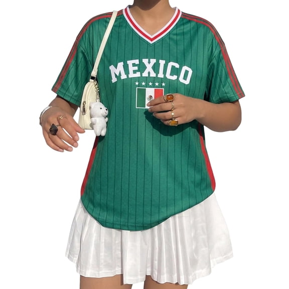 Mexico Women's Soccer Jersey Shirts Casual Short Sleeve V Neck Tops Comzy Breathable Summer Tee, Army Green XL