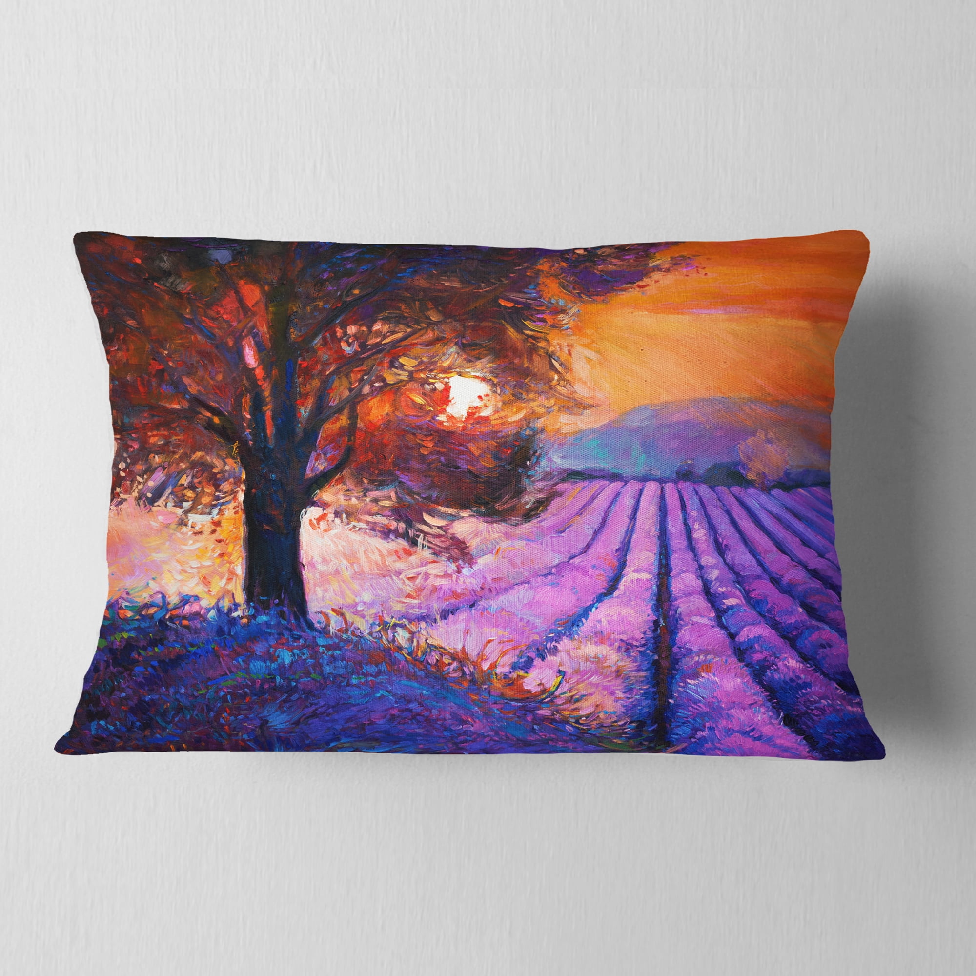 Designart Majestic Lavender Field and Tree - Floral Throw Pillow - 12x20