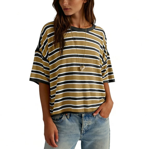 Guluxicc Womens T Shirts Stripe Printed Casual Short Sleeve Tops Crew Neck Summer Y2k Trendy T-Shirts Fashion Streetwear
