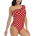 thumbnail image 3 of Haiem Red Polka Dot Women's One Piece Swimsuits Tummy Control One Shoulder Bathing Suits Ruffle Swimwear-Small, 3 of 8