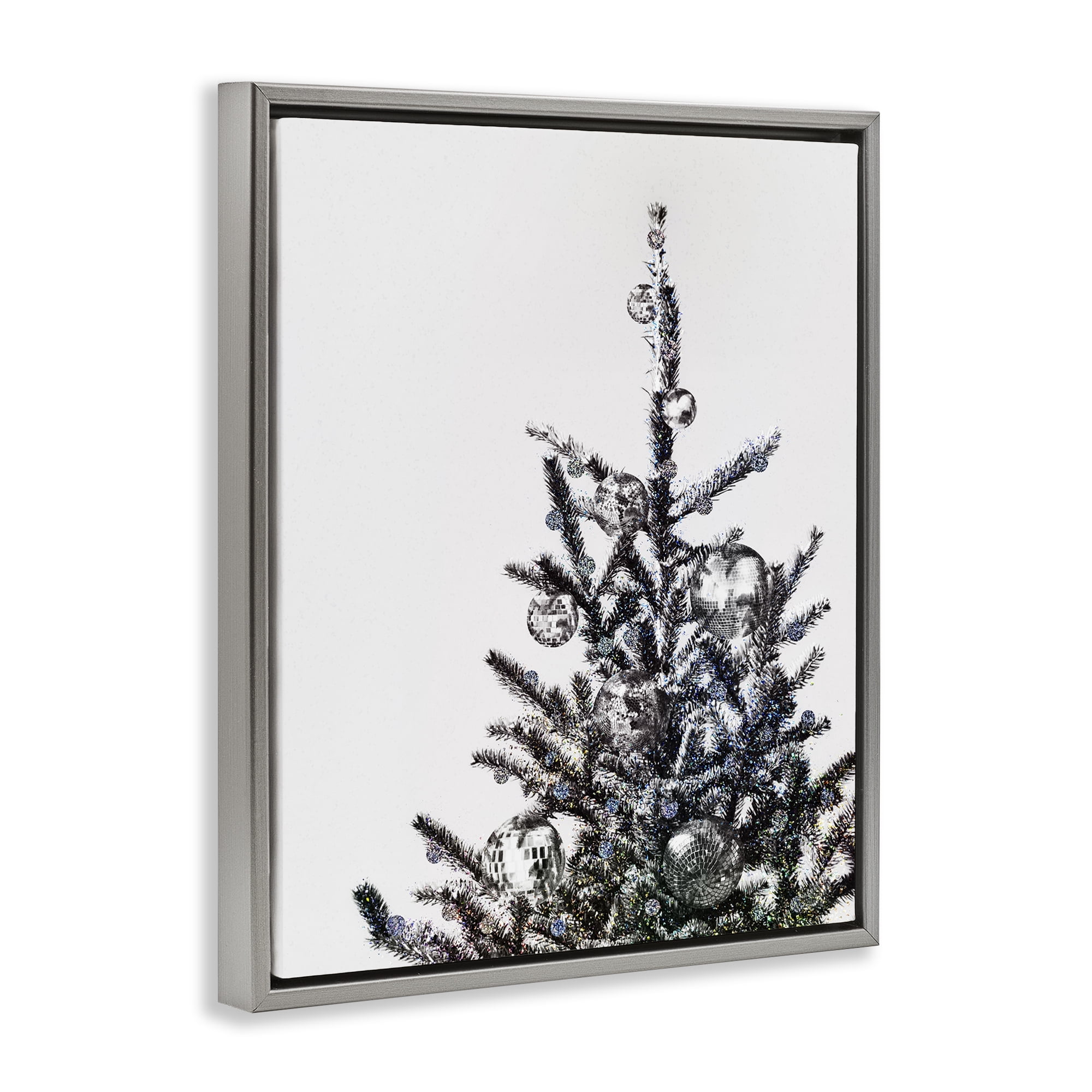 Stupell Industries Christmas Tree Disco Balls Holiday Painting Gray Floater Framed Art Print Wall Art, 17 x 21