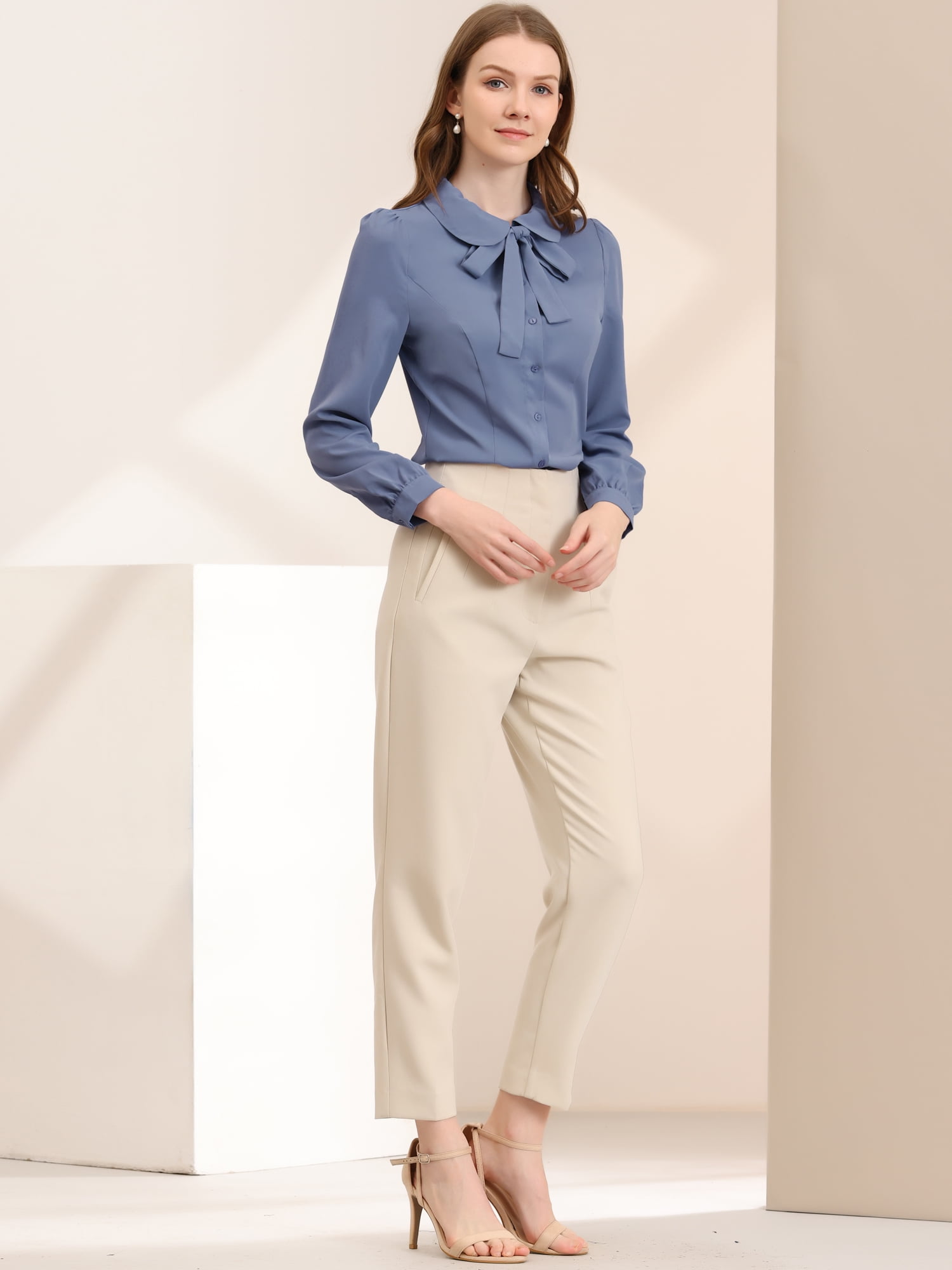 DARING DIVA Pan Collar Bow Tie Neck Work Office Shirt S Dusty Blue