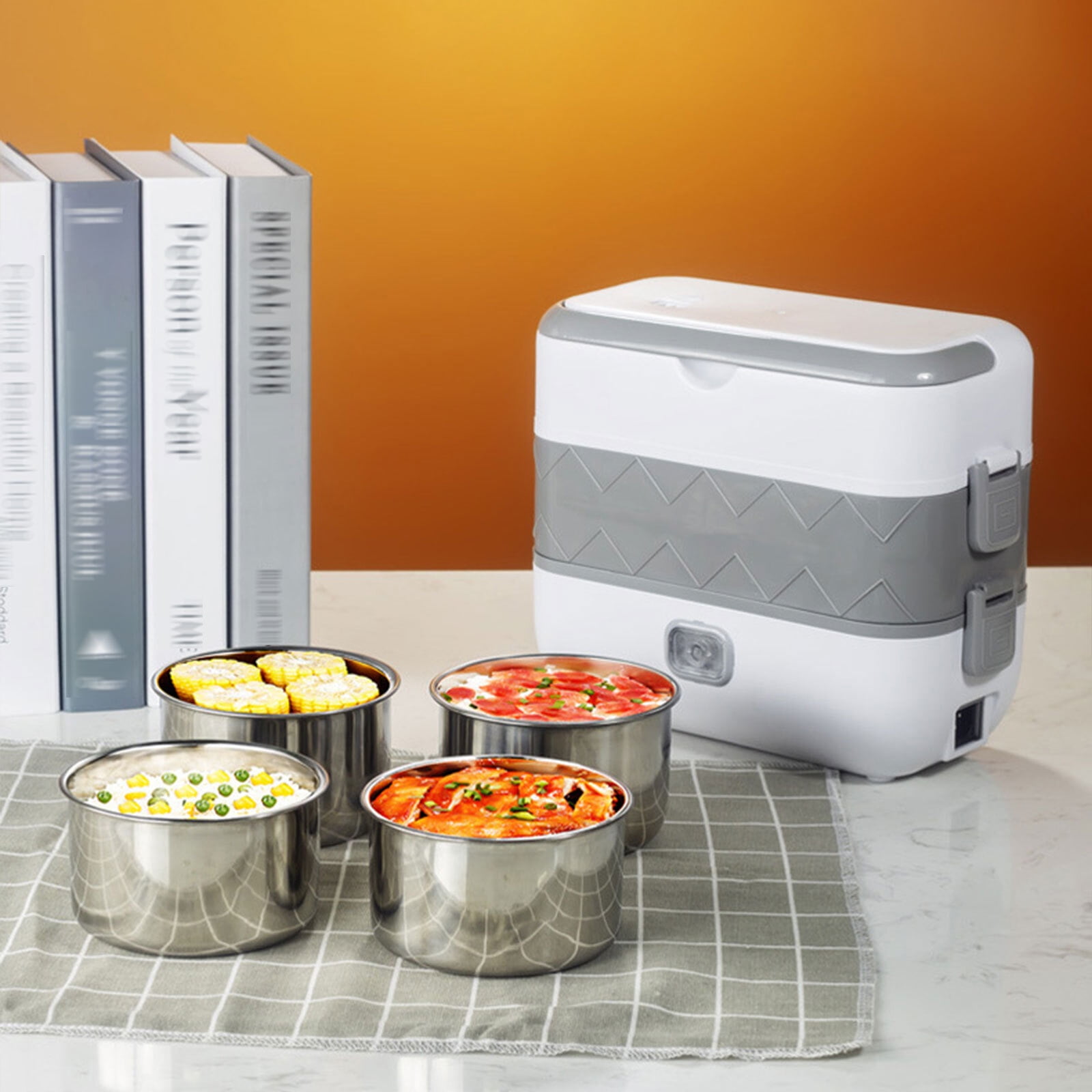 Portable 2 Layer Electric Lunch Box Stainless Steel Steamer Pot Rice Cooker Heat