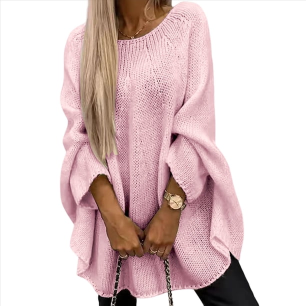 Suéter Elegante de Punto Tipo Capa para Mujer, Cuello Redondo, Larga, Holgado, Suéter de Punto Tipo Chal A . Rosa XXL