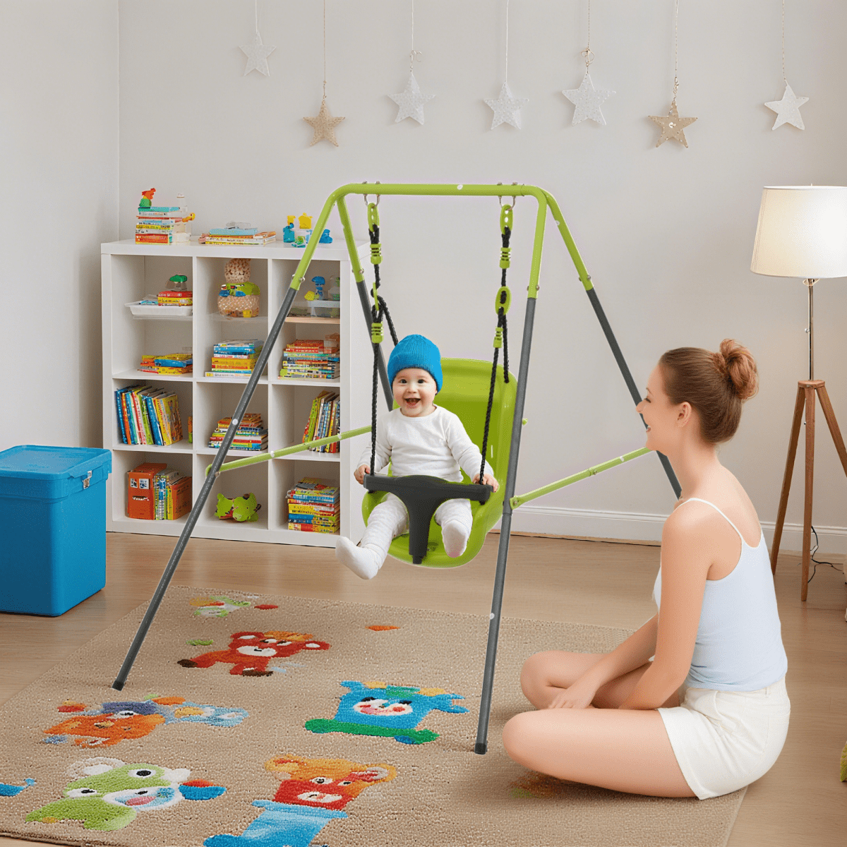 Indoor-Outdoor Baby Swing with Safety Seat, Sturdy Kids Toddler Swing Set with Heavy Duty A-Frame Metal Stand for Backyard, Playground and Nursery, 57" L x 37" W x 46" H