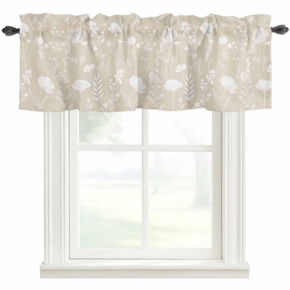 Cream Wildflowers Rod Pocket Curtain Valance, Farmhouse Floral Botanical Leaves Farmhouse Window Valance for Living Room, Bedroom, Kitchen 42"W x 12"L