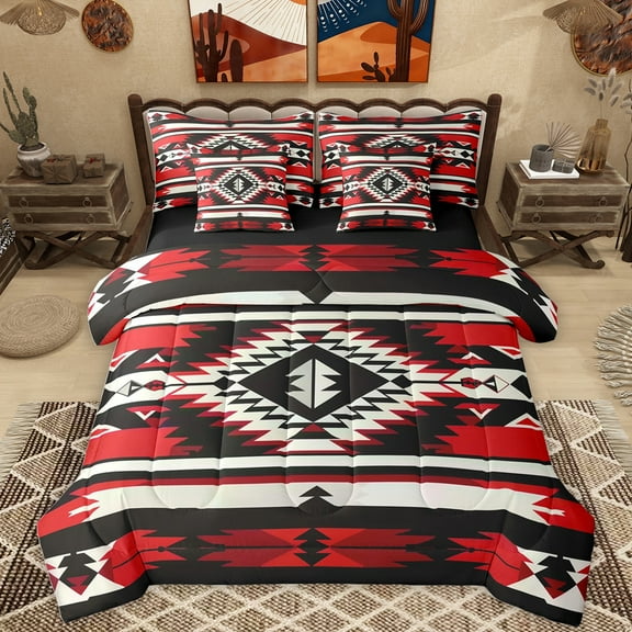 Homewish Vintage Aztec Print 7-Piece Twin Bedding Sets,Abstract Rhombus Striped Bedding Comforter Set,Red Black White Sheet Sets For Adults,Luxury Bedroom Decor Reversible