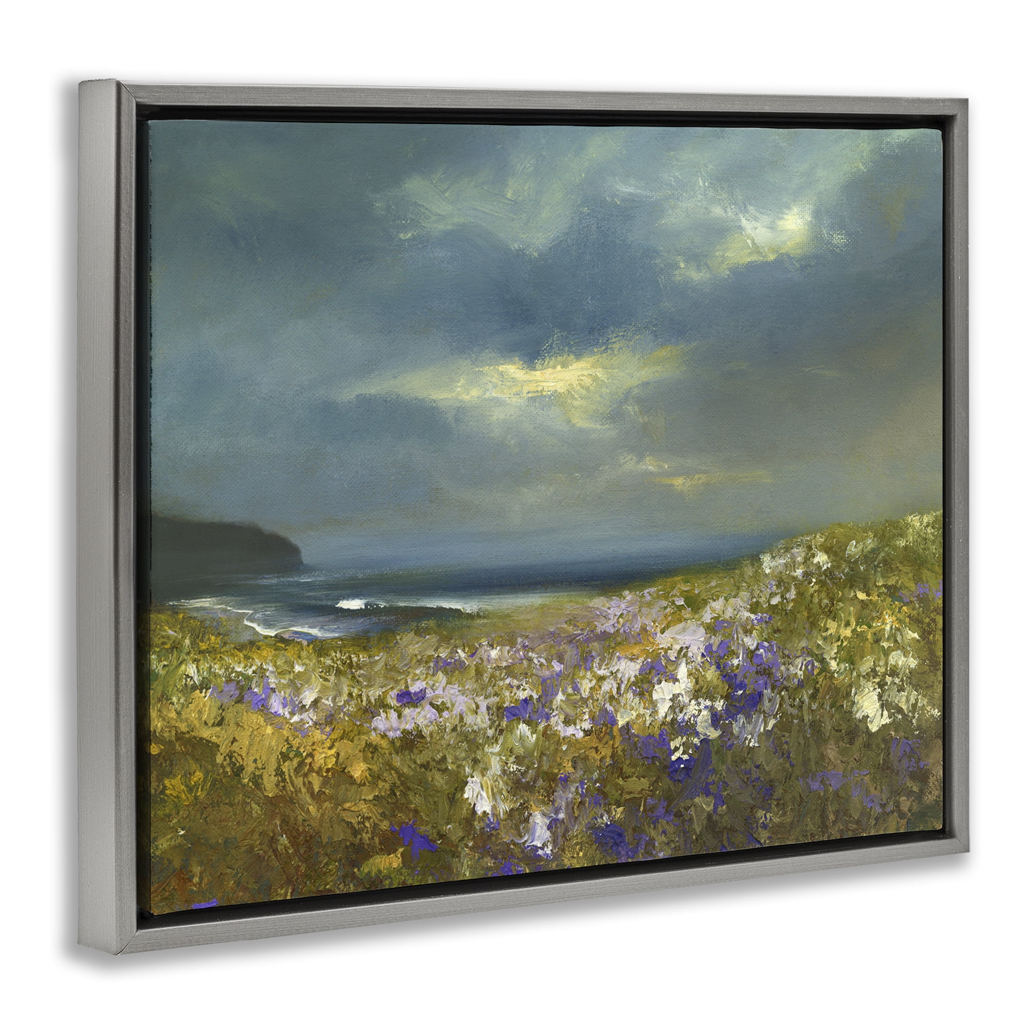 Stupell Industries Flowers by Stormy Beach Landscape & Nature Painting Gray Floater Framed Canvas Art Print Wall Art, 31 x 25