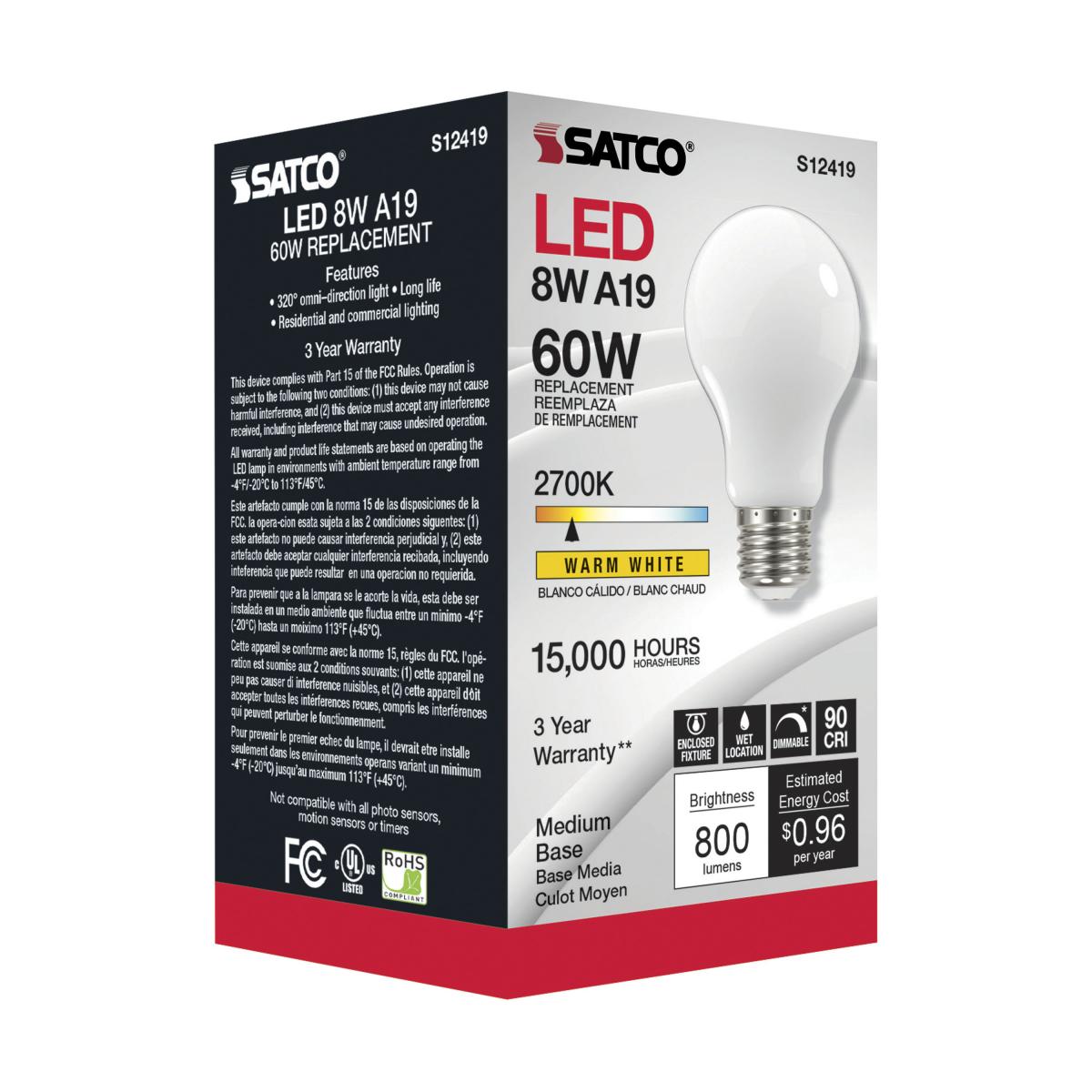 SATCO S12419 A19 LED Bulbs 8W 120V 2700K E26 Medium Base Frosted Finish Dimmable (6 Pack)