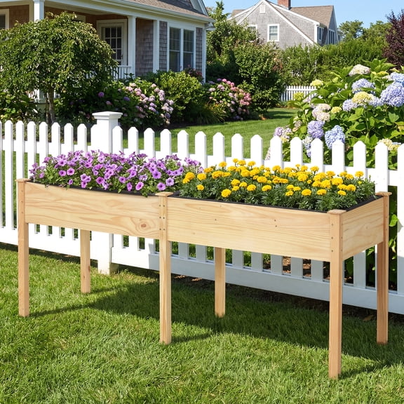 Costway Raised Garden Bed Elevated Pine Wood Planter Box with 2 Large Planting Areas Beige