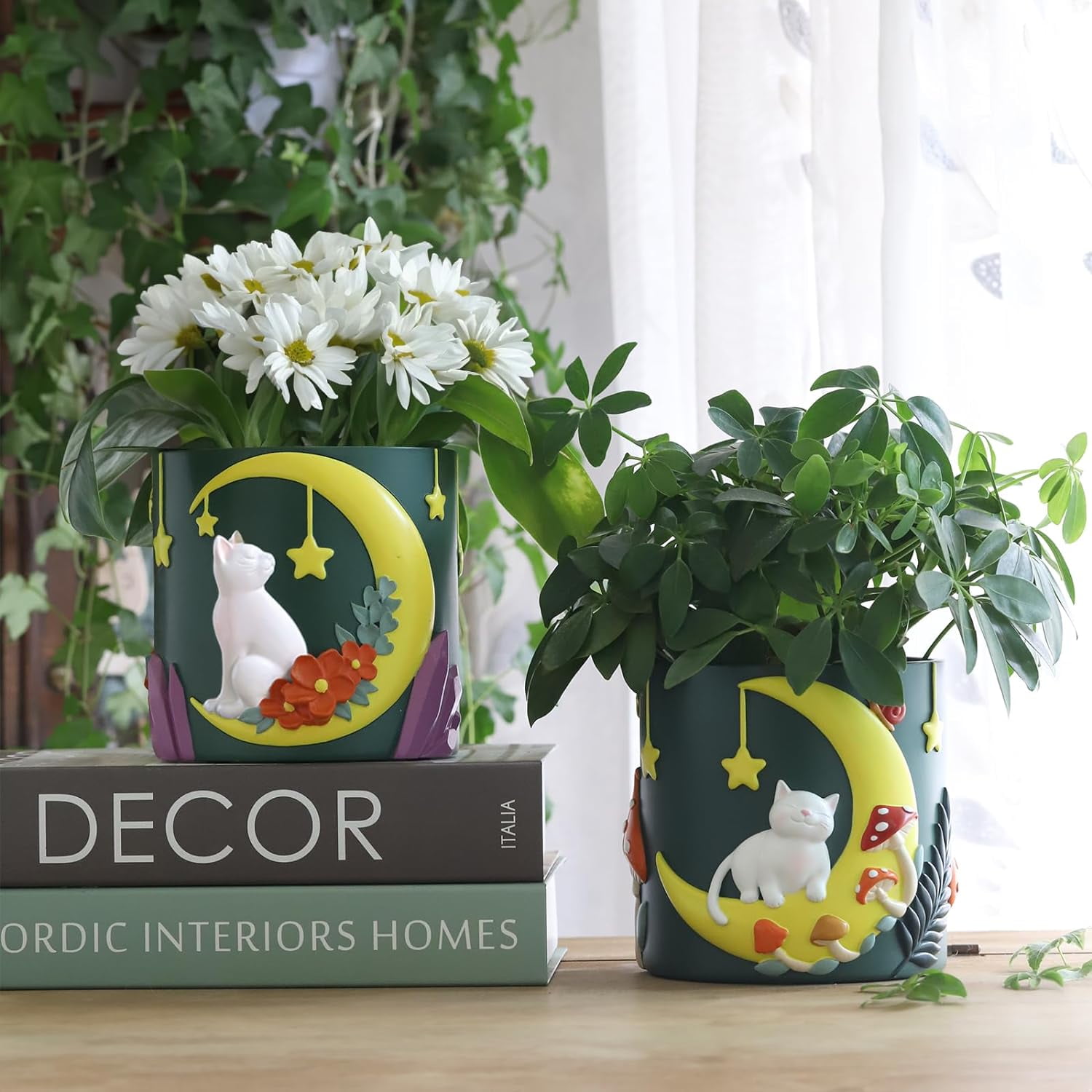 GUGUGO Colorful Moon Cat Plant Pots, Cute Unique Succulent Planters with Drainage, Rainbow Small Colorful Flower Planters Pots for Indoor Plants, Funny Eclectic Home Décor (B, Green, 5Inch)