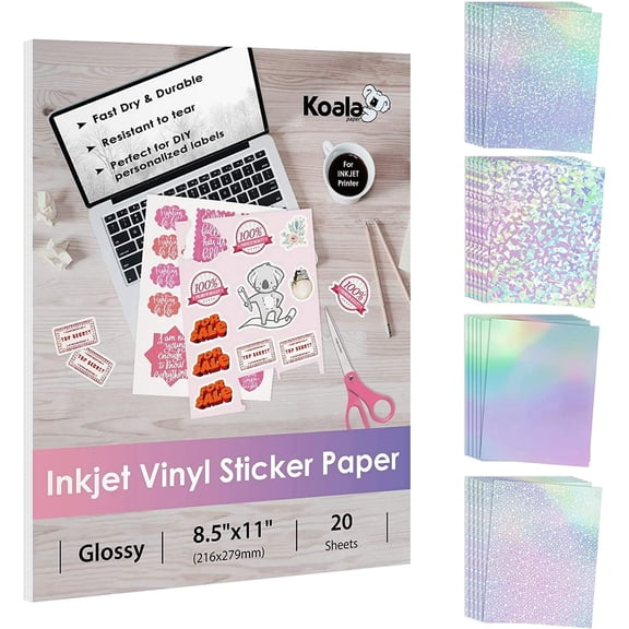 Bundle 45 Sheets Koala Vinyl Sticker Paper for Inkjet Printer Waterproof Glossy White Clear Holographic Self-adhesive Laminate Sheets A4