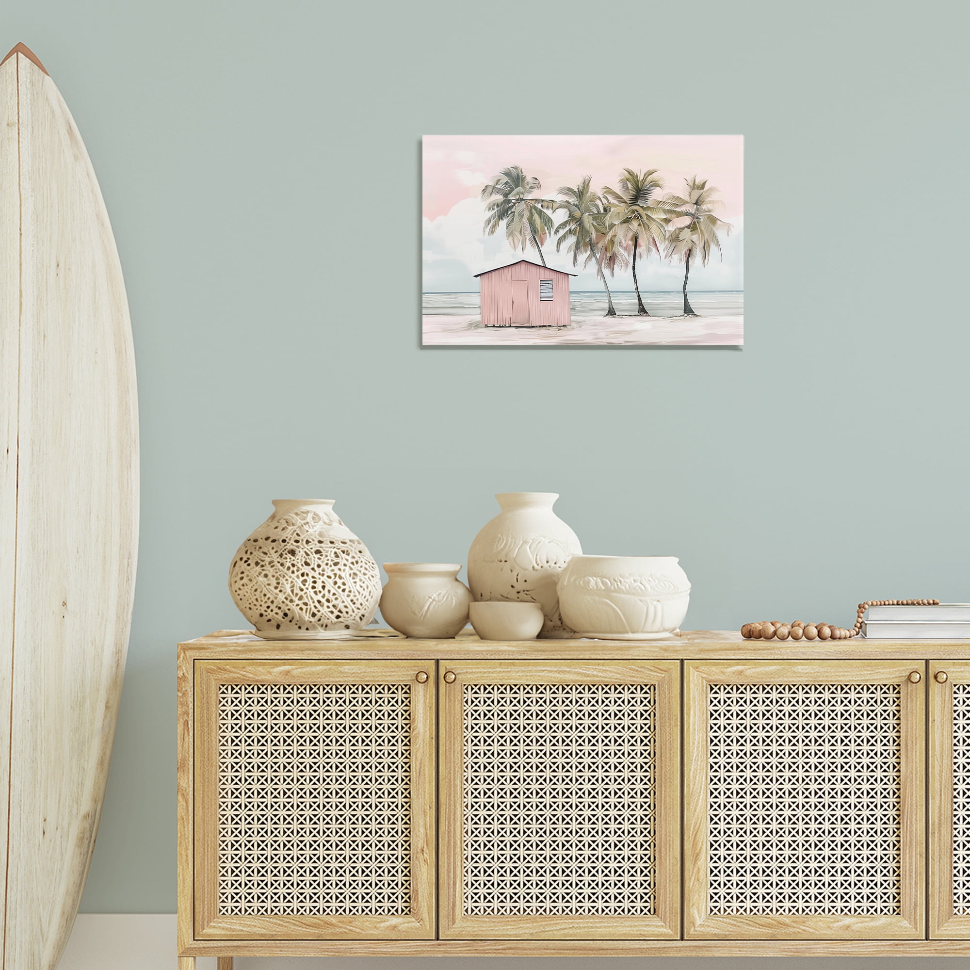 Stupell Industries Pink Beach Hut & Palms Nautical & Beach Painting Wrapped Canvas Art Print Wall Art, 24 x 16