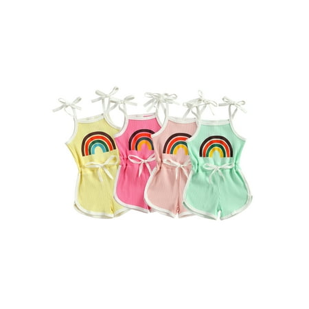 

Binwwede Toddlers Baby Girls Sleeveless Rompers Jumpsuit Solid Color Rainbow Print Suspender Bodysuit One-piece Summer 6M-4T