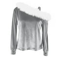 thumbnail image 7 of Christmas Velvet Tops Womens Cold Shoulder Party Festive New Year Outfits White Furry Trim Long Sleeve Blouses (XL, Gray), 7 of 7