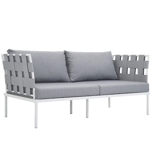 Modway Harmony Outdoor Patio Aluminum Fabric Loveseat in White/Gray