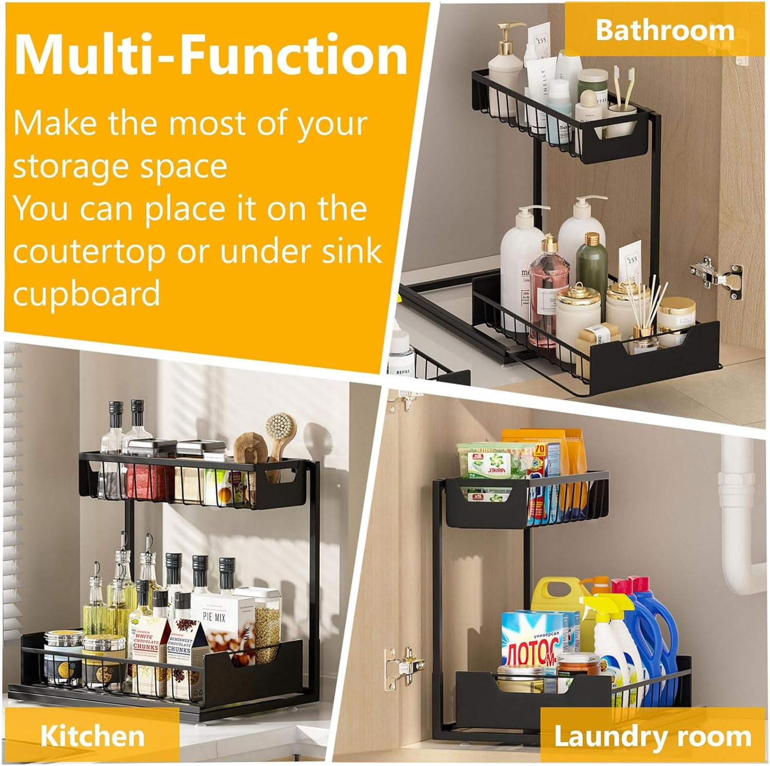 Under Kitchen Sink Organizers and Storage Pull Out 2 Tier Metal Bathroom Cabinet Organizer (Black, 2 Pack)