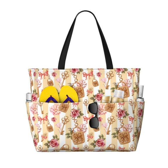 Naloa Key Lock And Flowers Large Capacity Beach Bag, Waterproof Sandproof Beach Swim Pool Bag Tote Bag for Women