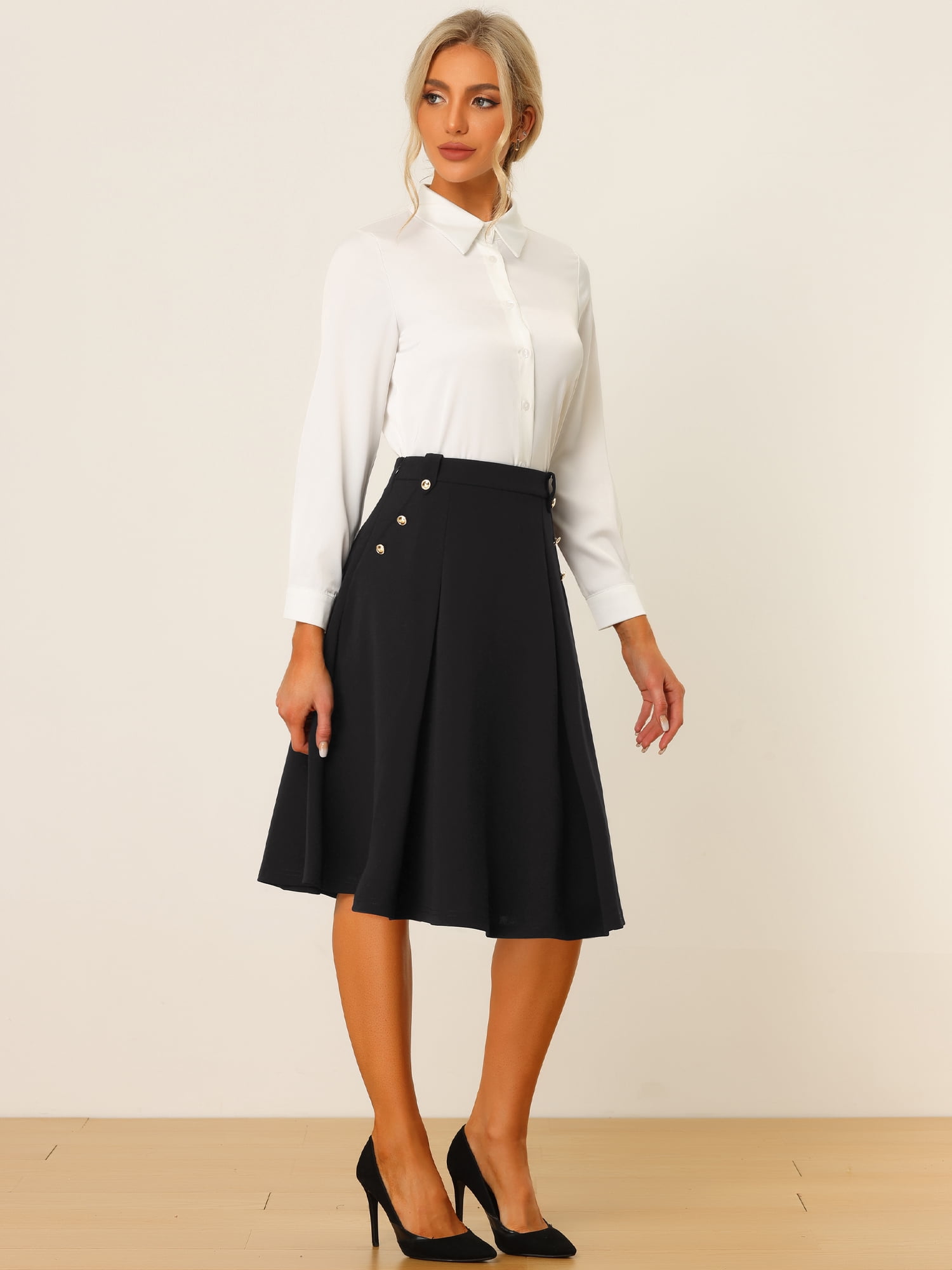 DARING DIVA Women's Button Decor Flared Midi Skirt 2XL Black