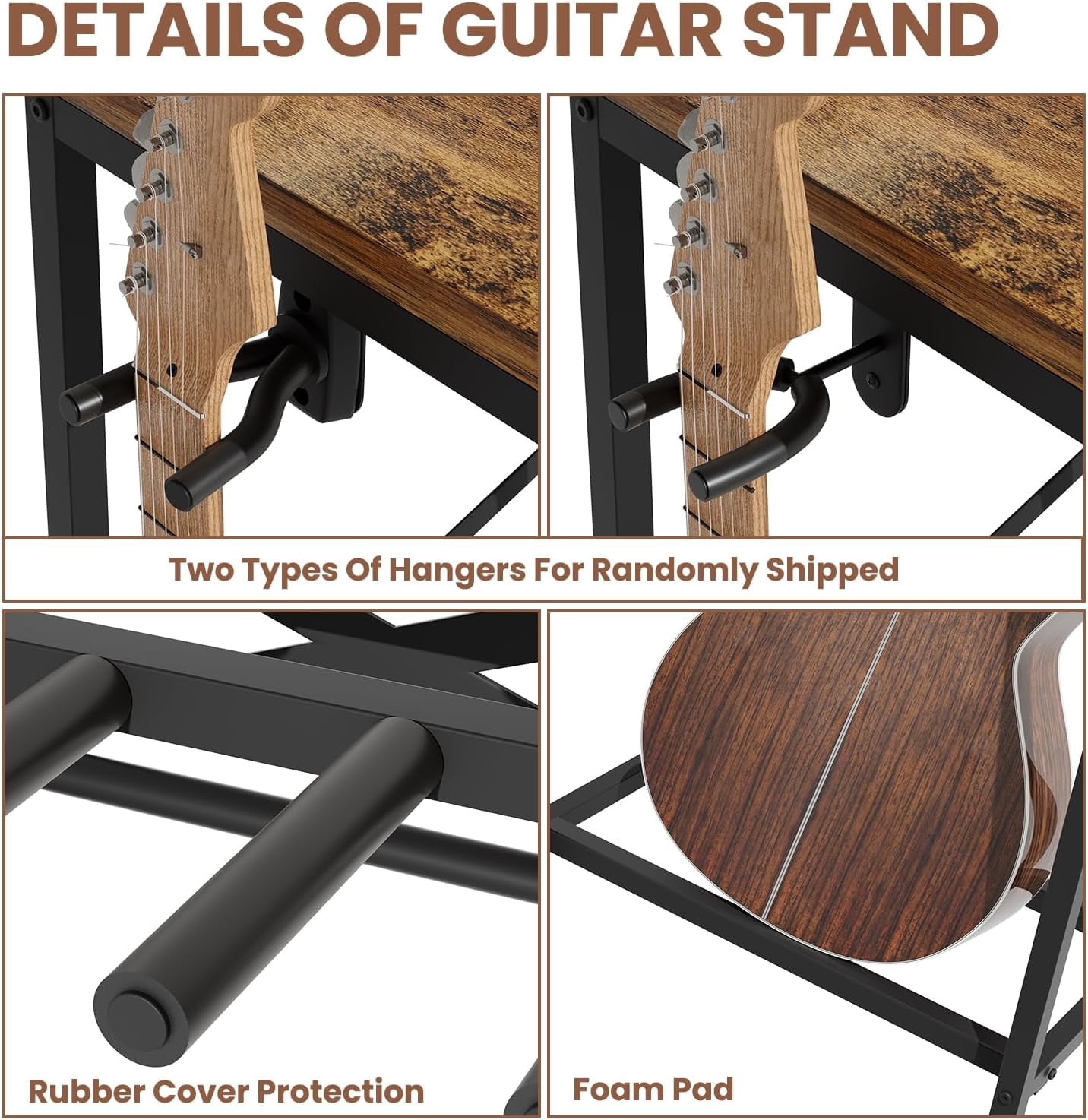 Guitar Stand for Multiple Guitars, Guitar Rack for Acoustic Guitar, Electric Guitar, Bass and Ukulele, Rustic Guitars Display Stand with 2 Guitar Hangers, Gold