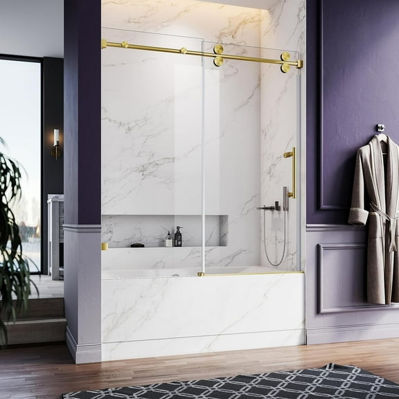 Sliding Frameless Bathtub Door, 3/8" Tempered Glass with Easy-Cleaning Coating, Stainless Steel Rollers & SGCC-Certified Stability (UKS04- 56-60 Inch x 66 Inch)